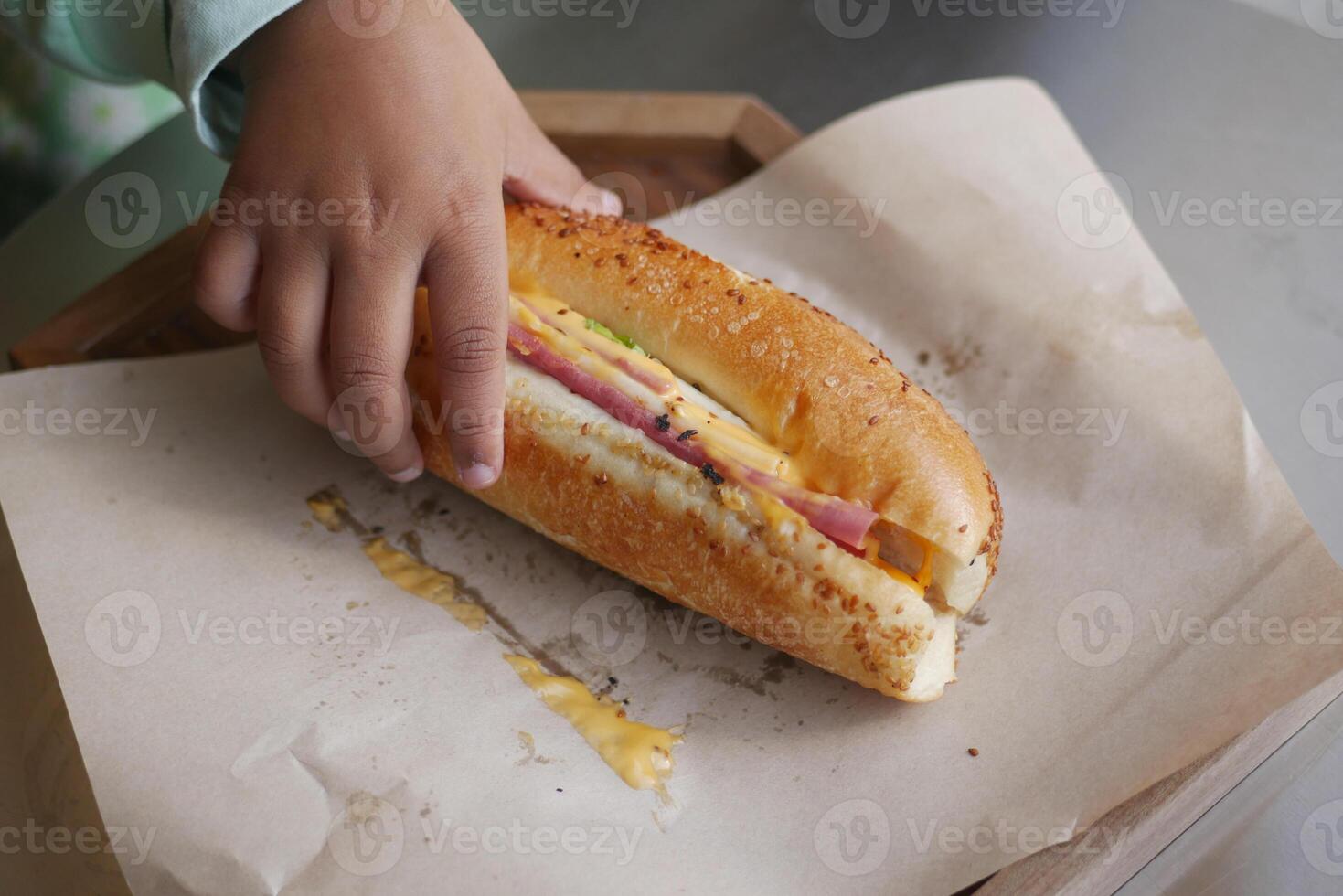 A Child Delightfully Enjoying a Delicious Ham and Cheese Sandwich photo