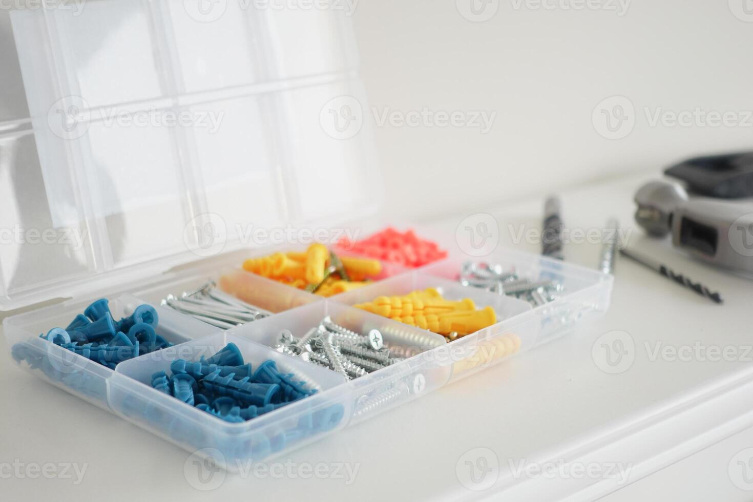 A wellorganized hardware kit that includes various screws and anchors photo