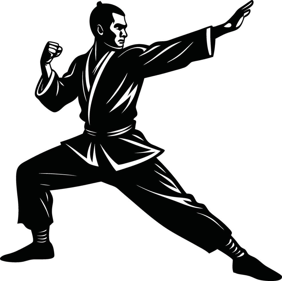 Dynamic Action Pose of Kung Fu Master in Silhouette vector