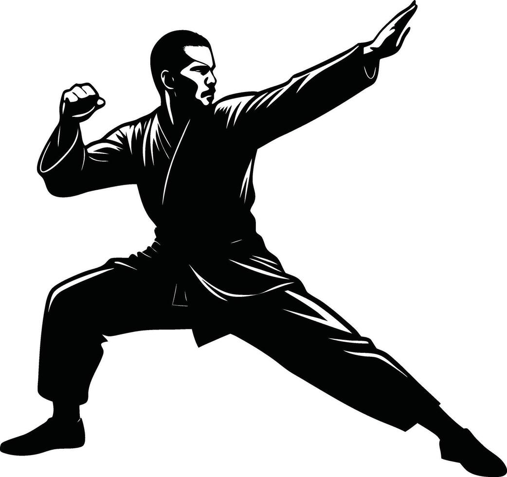 Black Silhouette of Kung Fu Master in Motion vector