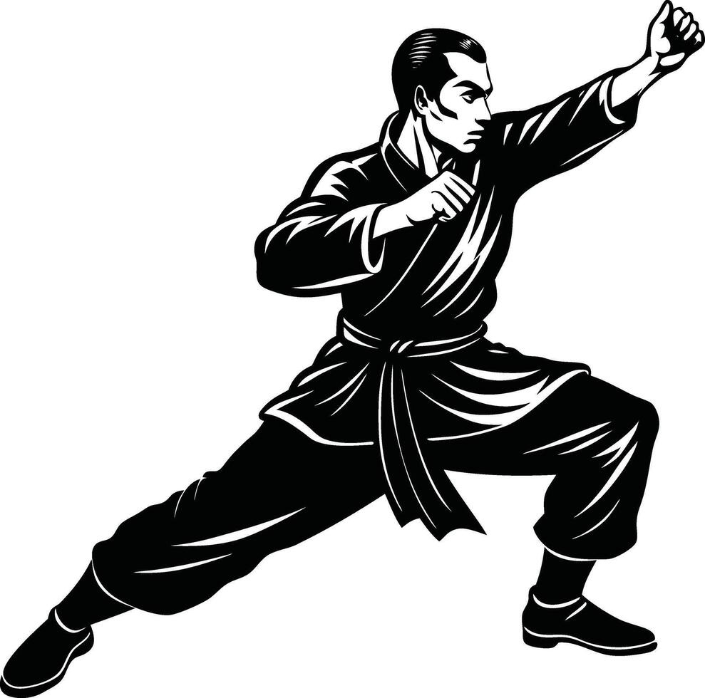 Silhouette of Kung Fu Master Showing Martial Arts Moves vector