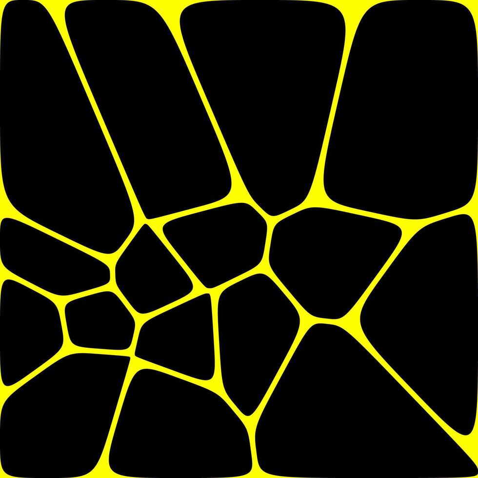 A black abstract pattern featuring irregular polygonal shapes outlined in bright yellow, creating a striking, modern, and dynamic stained-glass-like design within a square frame. vector