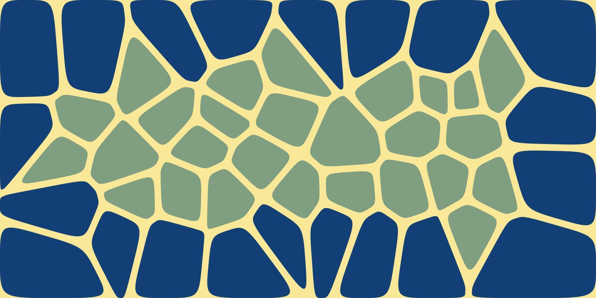 Abstract geometric pattern featuring irregular green and blue shapes with yellow outlines, resembling a mosaic or stained glass effect. vector