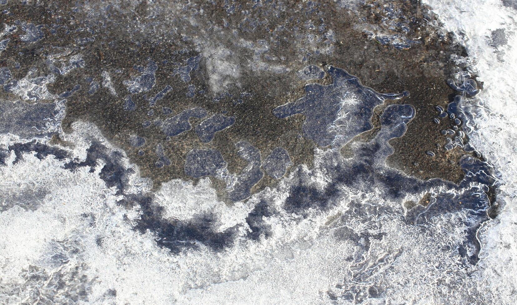Fascinating map-like structure of ice and bubbles on a shallow water layer. photo