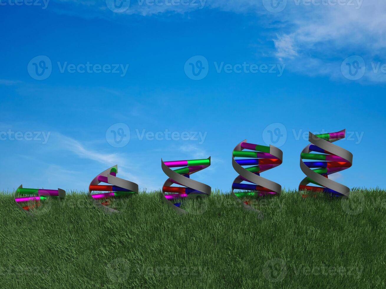 Side view of DNA double helices growing through rendered grass. photo