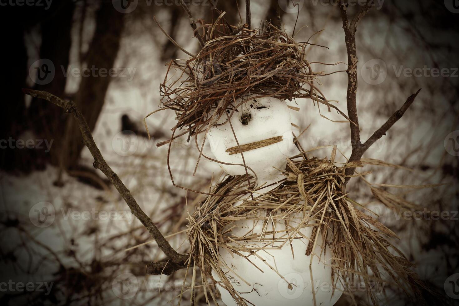 Sepia image of a rural snowman, made with sticks and reed. photo