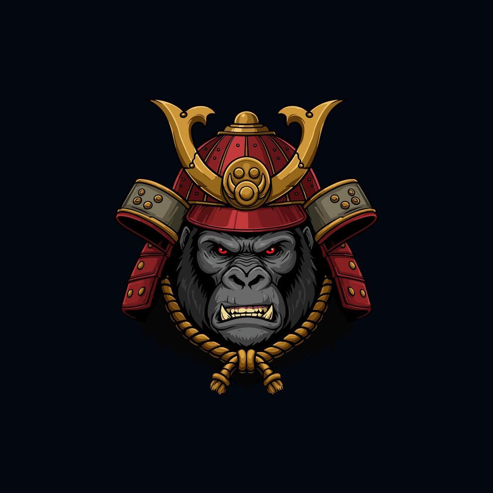 A fierce gorilla dons a traditional Japanese samurai helmet and armor, creating a powerful and intimidating image. vector