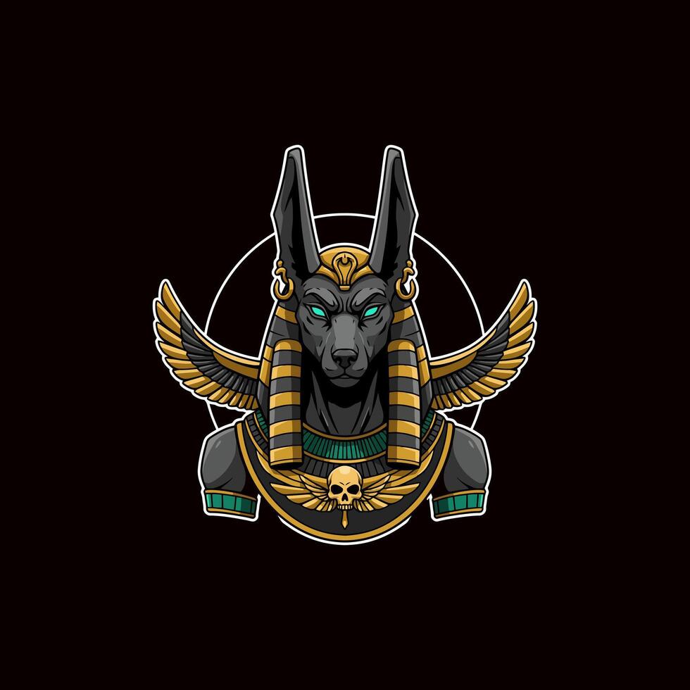 A stylized illustration of Anubis the Egyptian god of the dead depicted with wings and adorned in gold and green. vector