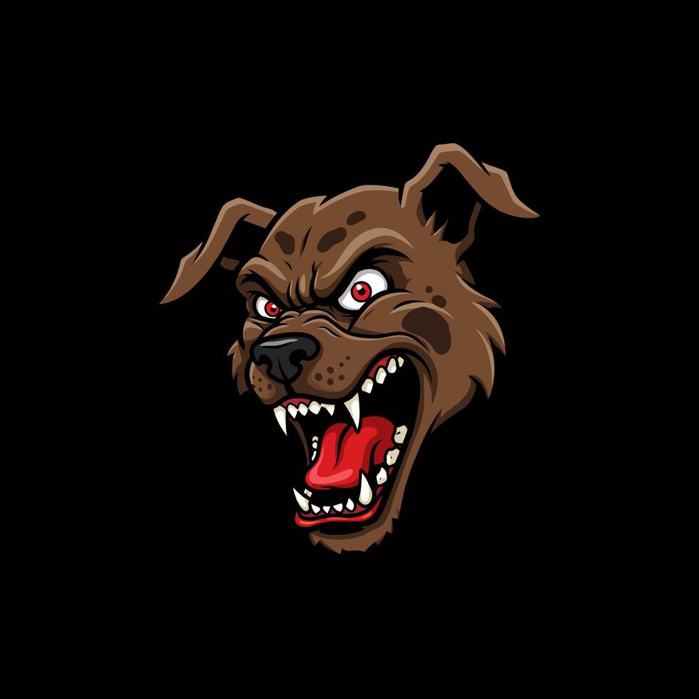 A fierce cartoon dog head mascot with bared teeth and angry red eyes against a black background. vector