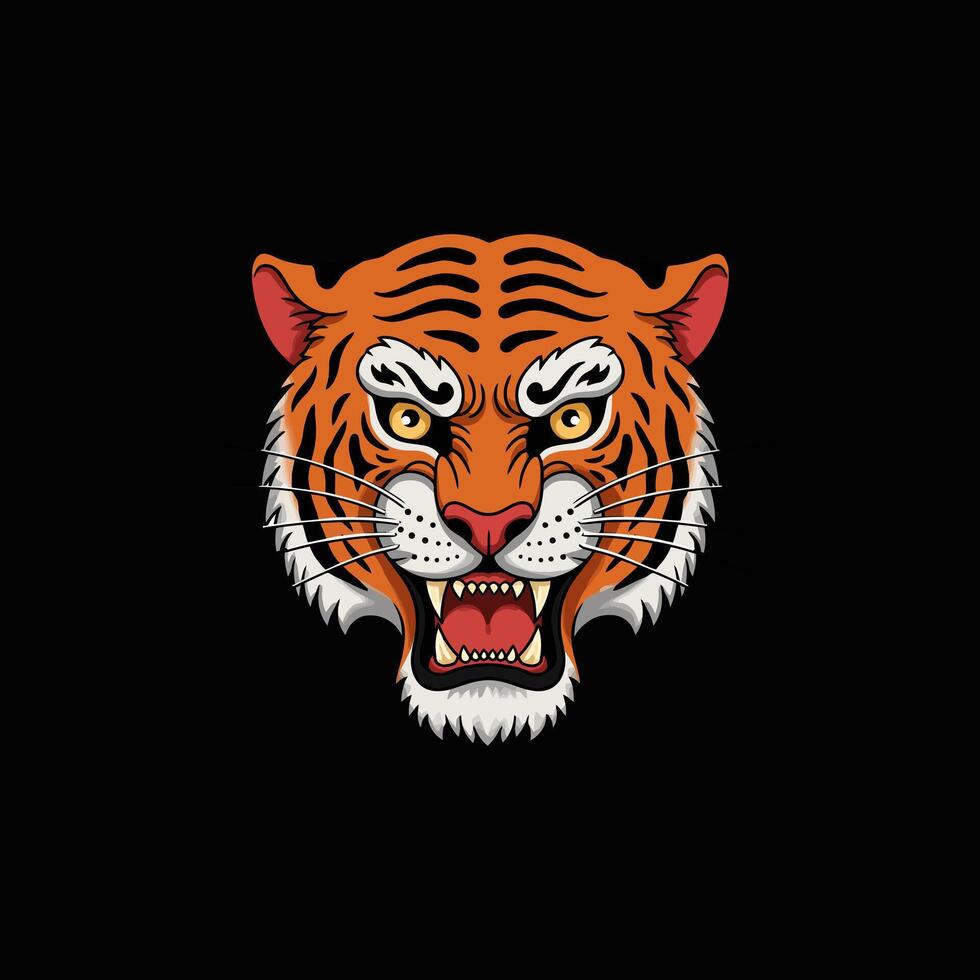 A stylized illustration depicts a tigers head with an open mouth showcasing sharp teeth, conveying ferocity and power. vector
