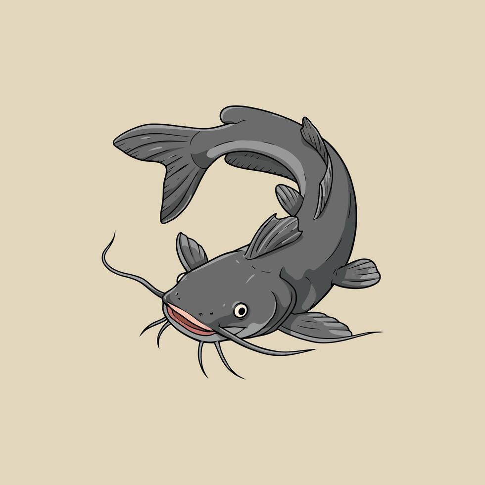 The image showcases a stylized cartoon drawing of a gray catfish swimming gracefully in a light beige background. vector