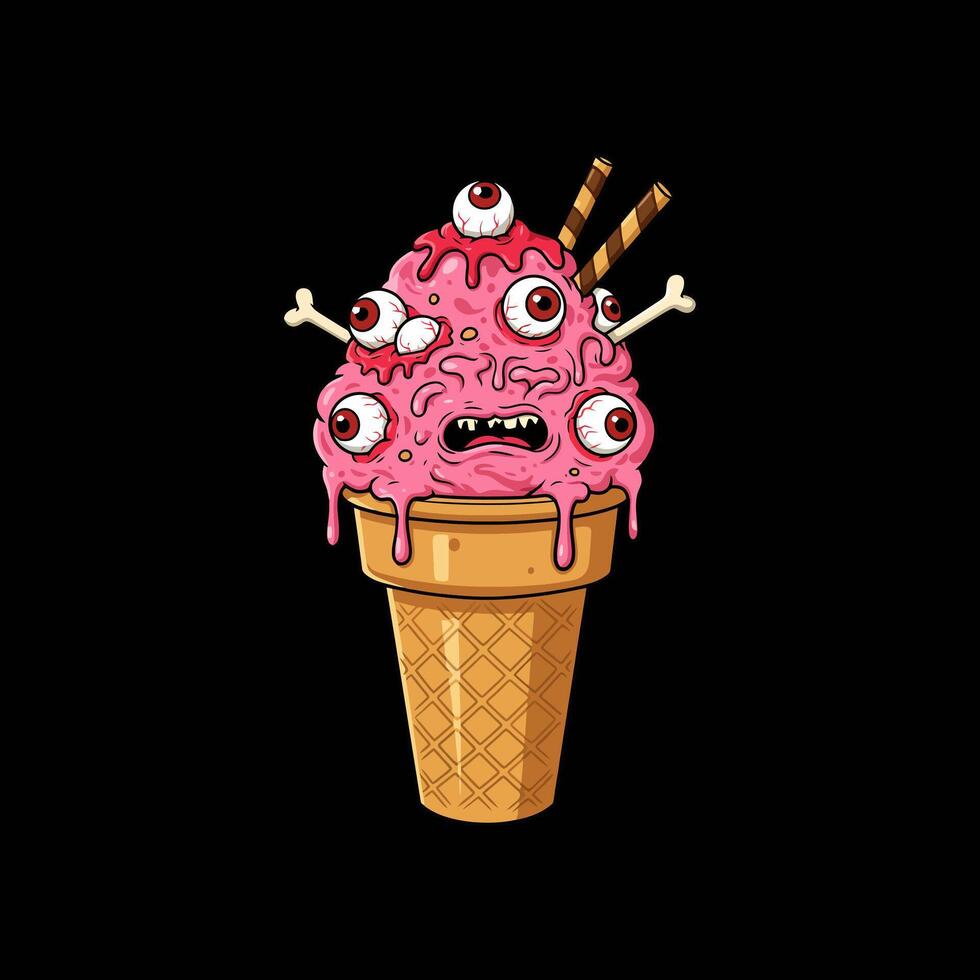 A cartoon illustration of a pink ice cream cone with multiple eyeballs and bones as a spooky Halloween treat. vector