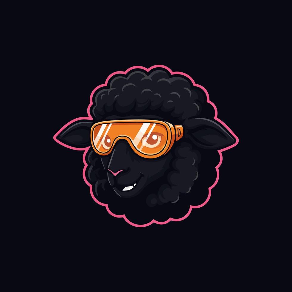 A stylized cartoon illustration of a black sheep head wearing orange goggles against a dark background. vector