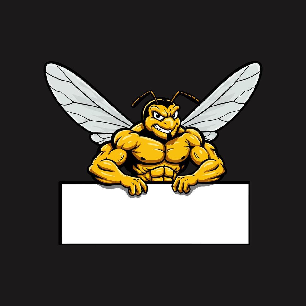A strong muscular cartoon wasp mascot holds a blank white sign against a dark background, ideal for advertising or logo use. vector