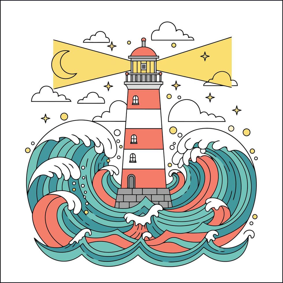 A stylized illustration depicts a lighthouse bravely standing amidst powerful ocean waves at night, its beam cutting through the darkness. vector