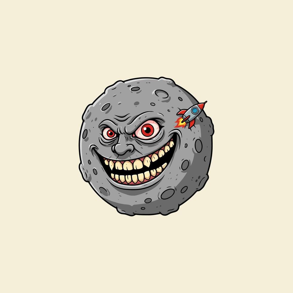 A cartoon illustration depicts an angry moon face with a rocket embedded in its side, displaying a menacing grin. vector