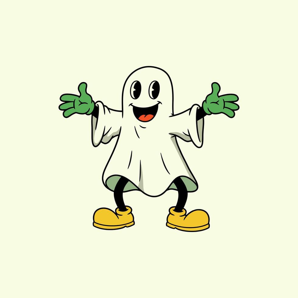 A cheerful cartoon ghost character with yellow shoes and green gloves welcomes viewers with open arms. vector