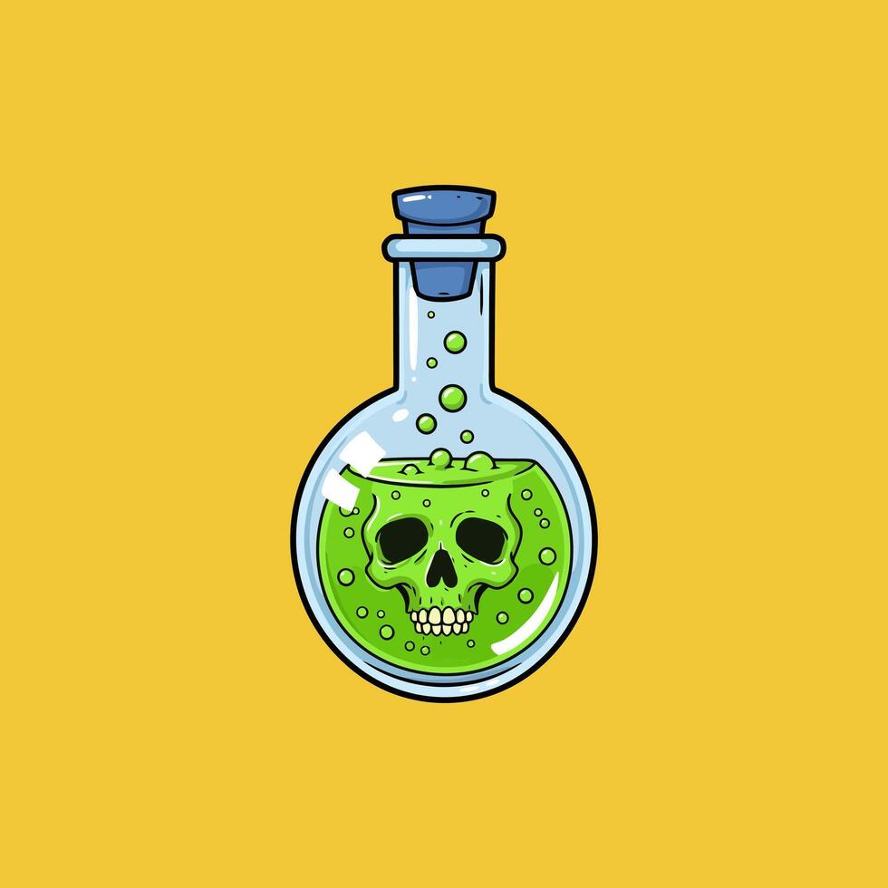 The illustration depicts a glass flask filled with bubbling green liquid containing a skull. vector