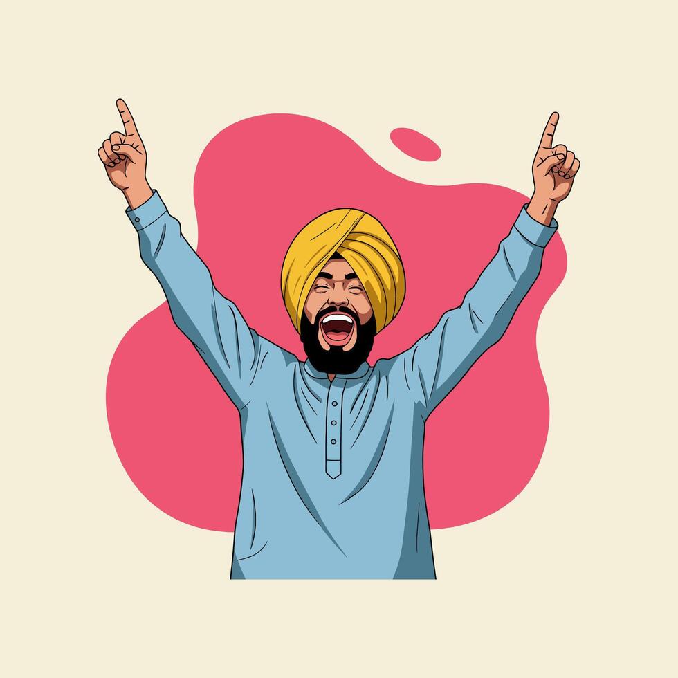 A jubilant Sikh man in traditional attire raises his arms in celebration, exhibiting pure joy and happiness. vector