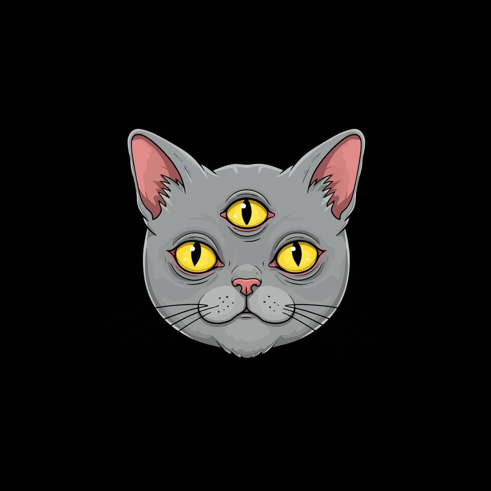 A stylized illustration depicts a grey cat with three yellow eyes against a black background creating a mystical and surreal image. vector