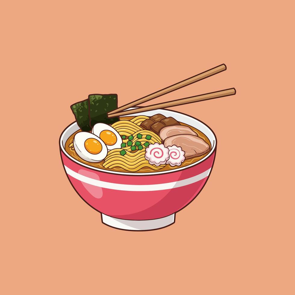 A vibrant illustration depicts a bowl of ramen noodles topped with sliced pork, egg, seaweed, and narutomaki. vector