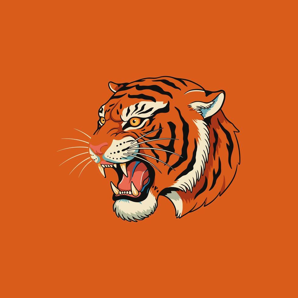 A stylized illustration depicts a roaring tigers head against a burnt orange background. vector