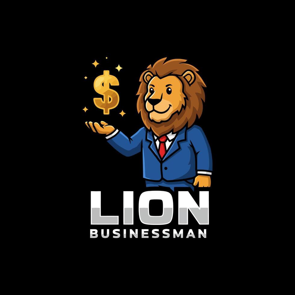 A cartoon lion dressed in a suit holds a golden dollar sign symbolizing financial success and leadership. vector