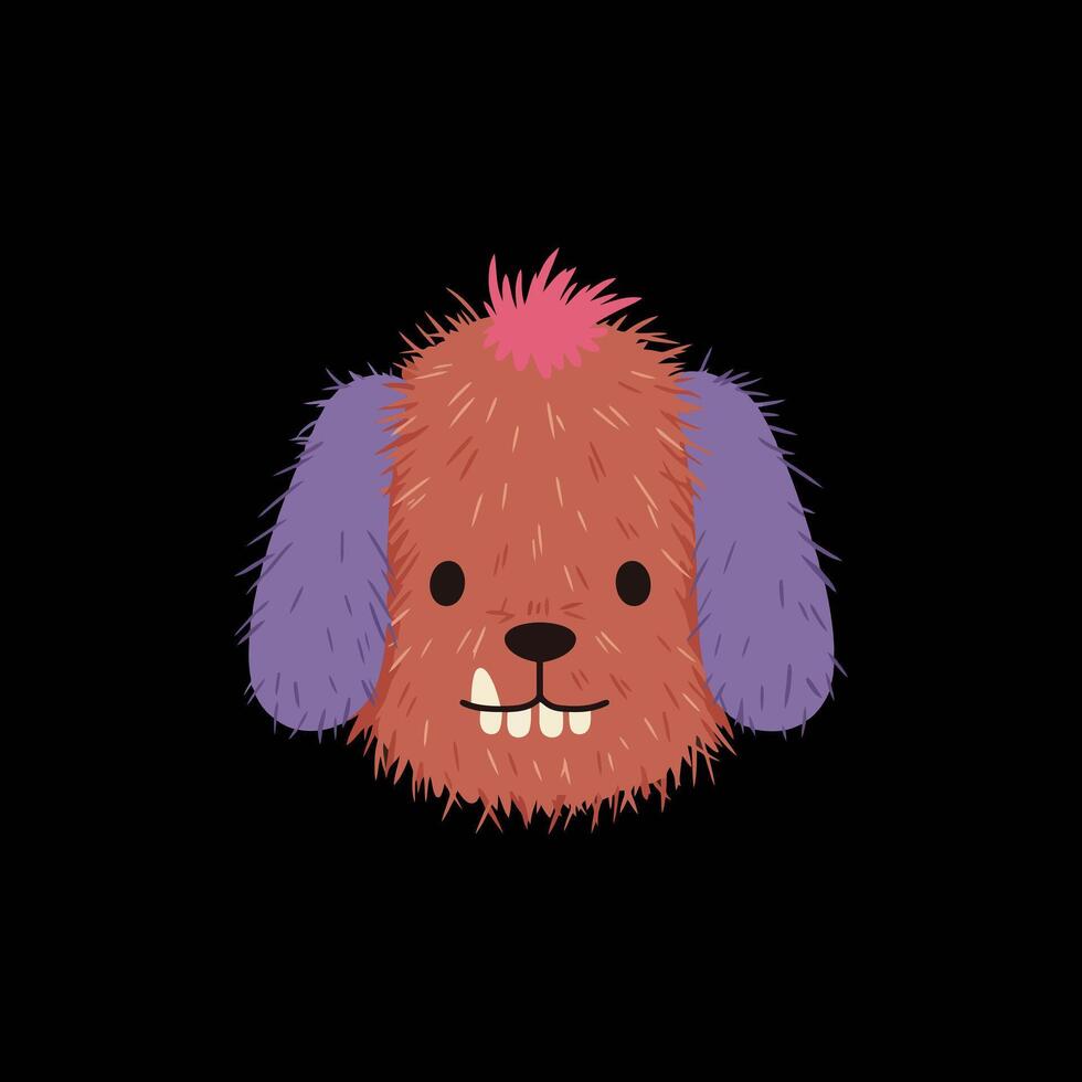 A whimsical illustration of a fluffy cartoon dog head with pink hair and large purple ears, showcasing a friendly expression. vector