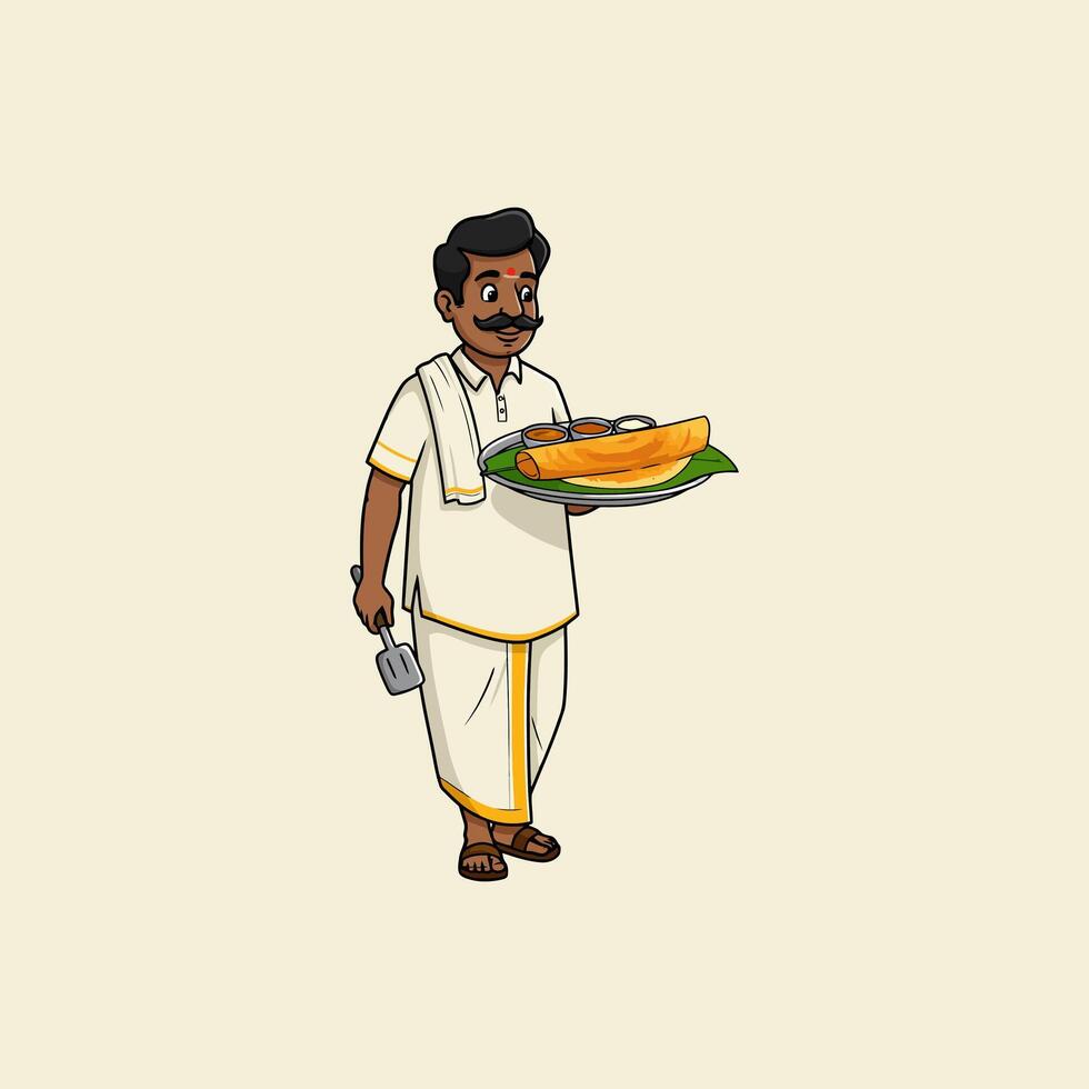 A cartoon illustration of a South Indian man in traditional clothing serving a masala dosa with chutney and sambar. vector