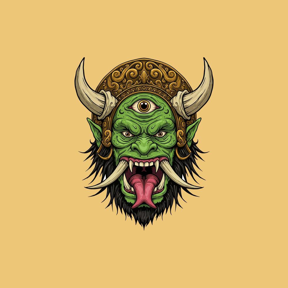 The image depicts a detailed illustration of a three-eyed green demon head with large horns and intricate golden headwear. vector