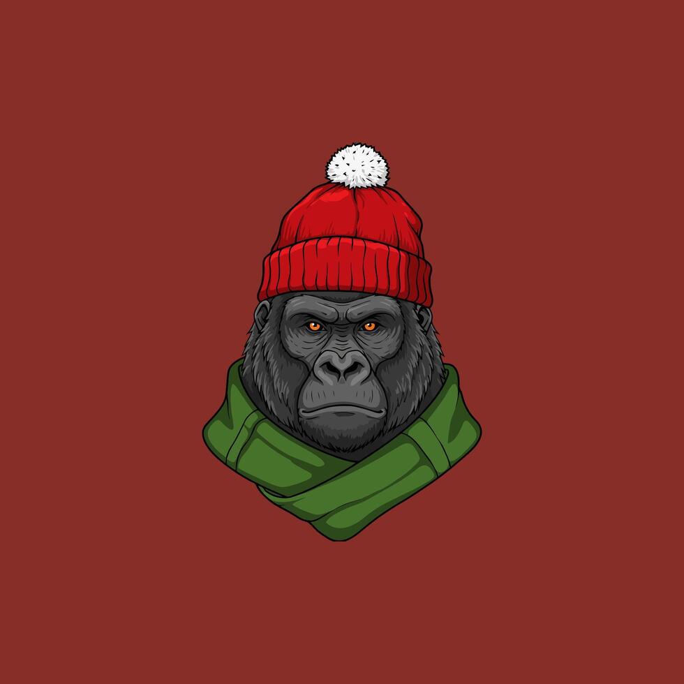A stylized illustration of a gorilla wearing a red knit hat with a pompom and a green scarf against a maroon background. vector