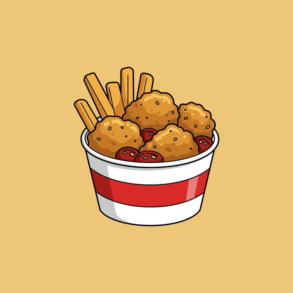 A cartoon illustration shows a paper cup of chicken nuggets and french fries with red sauce. vector