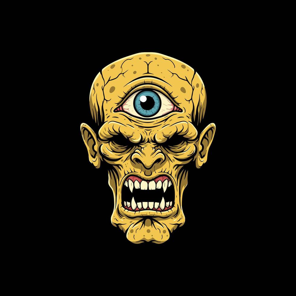 The image depicts a monstrous yellow head with a single central eye, bared fangs, and an angry expression. vector