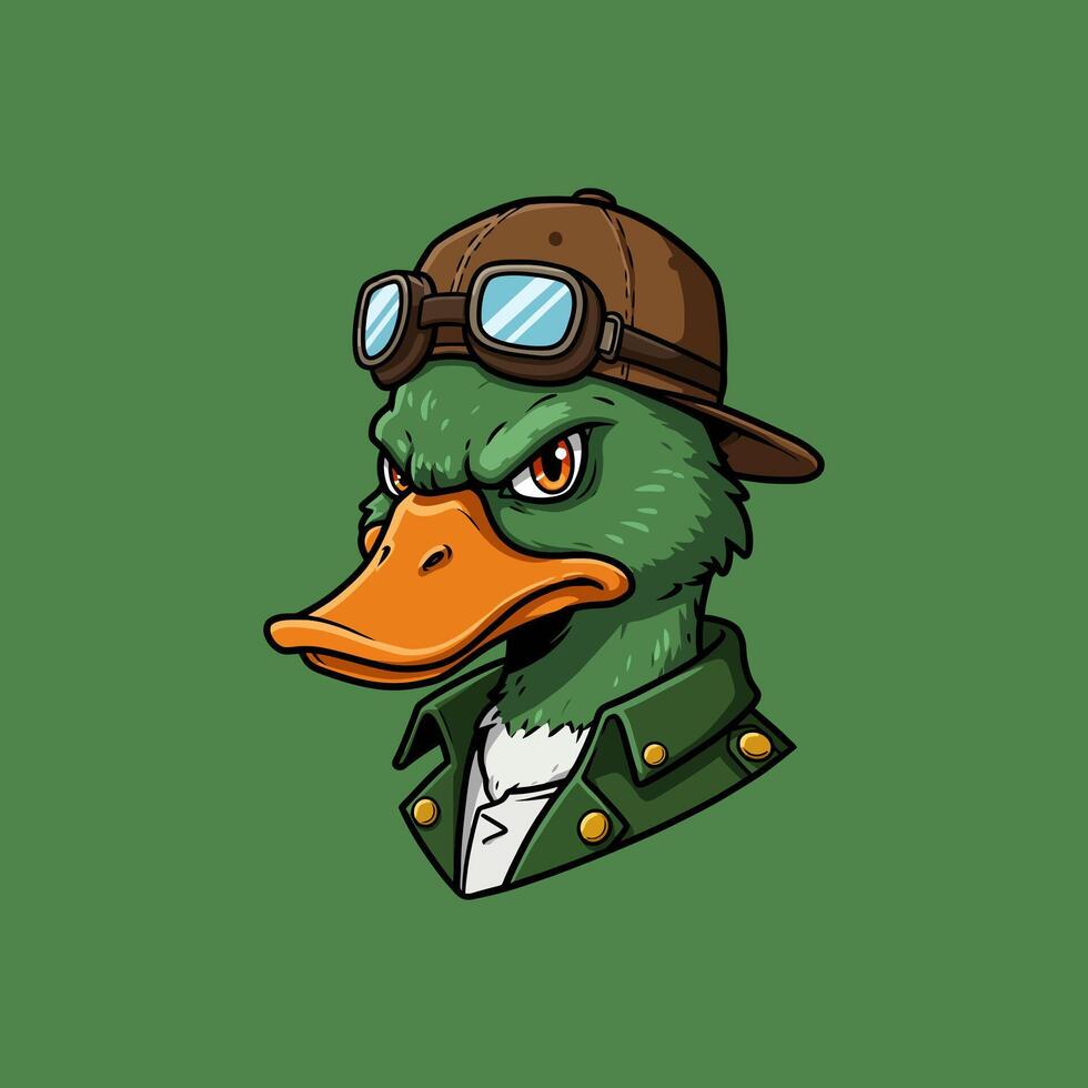 The image shows a stylized cartoon duck wearing aviator goggles and a cap a green jacket. vector