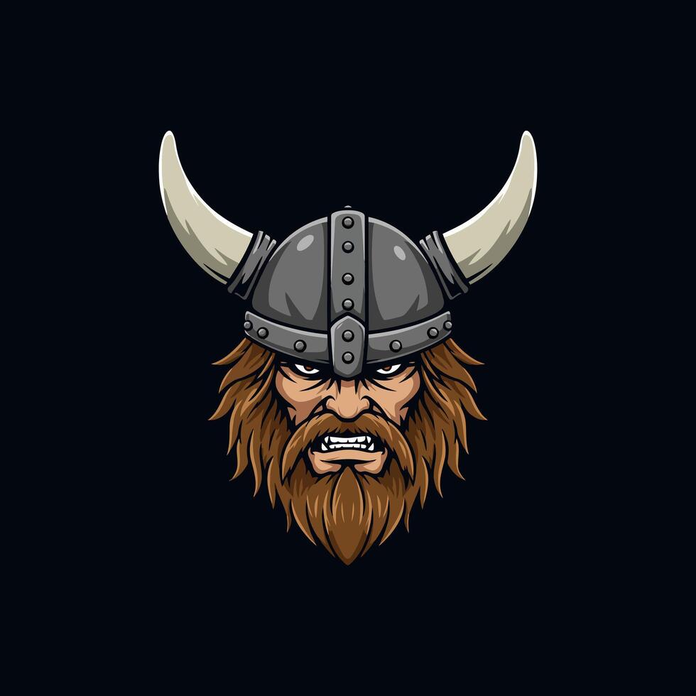 A fierce illustration of a Viking warrior's head, adorned with a horned helmet and a long beard, displaying an angry expression. vector