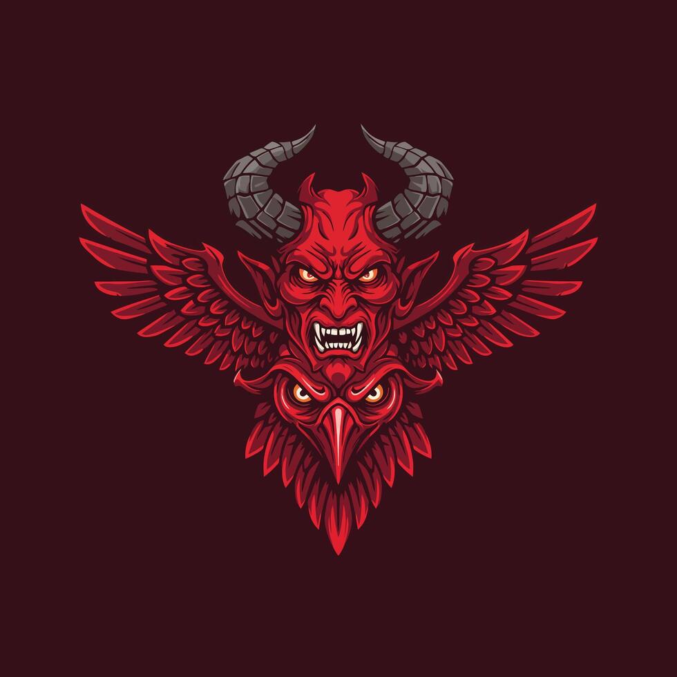 A fierce red devil head with large raven wings forming a striking and symbolic design. vector