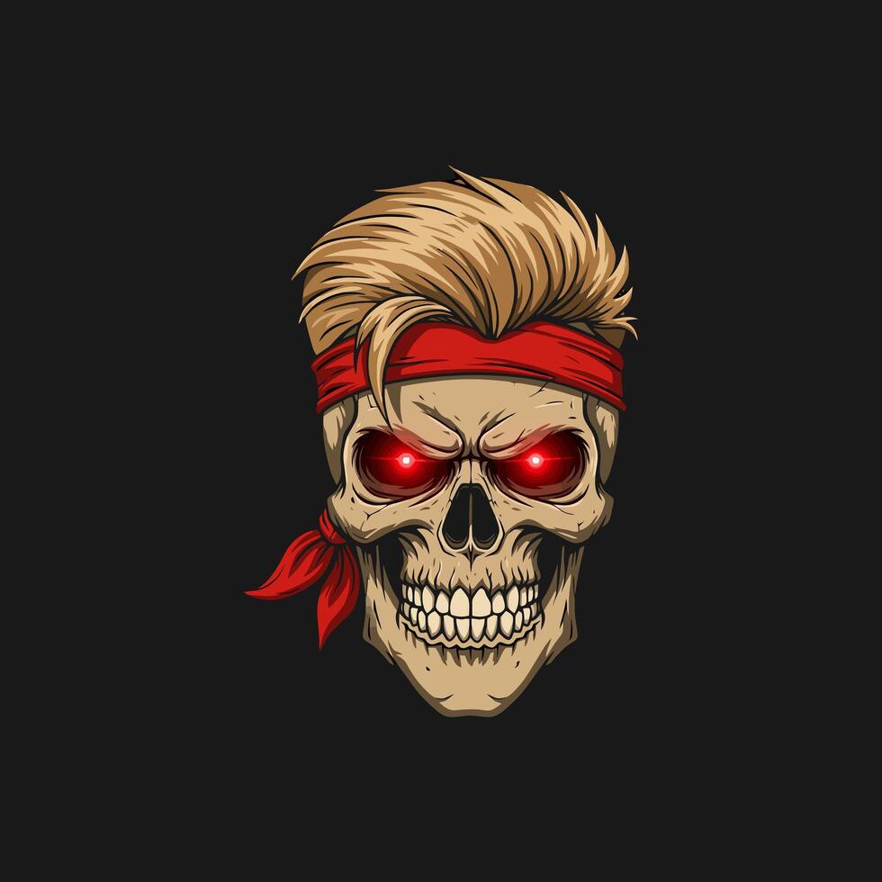 A stylized illustration depicts a skull with glowing red eyes blonde hair and a red bandana. vector
