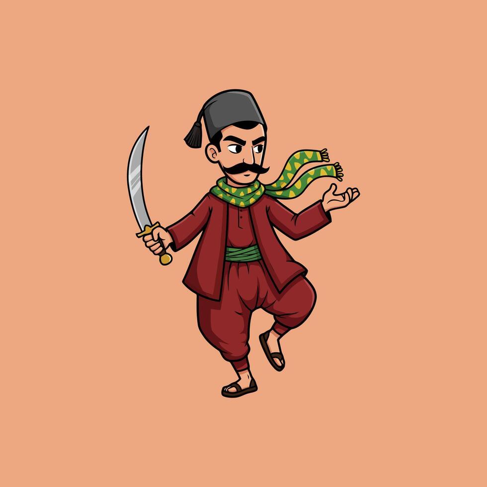 A stylized cartoon depiction of a Turkish man in traditional clothing holding a scimitar. vector
