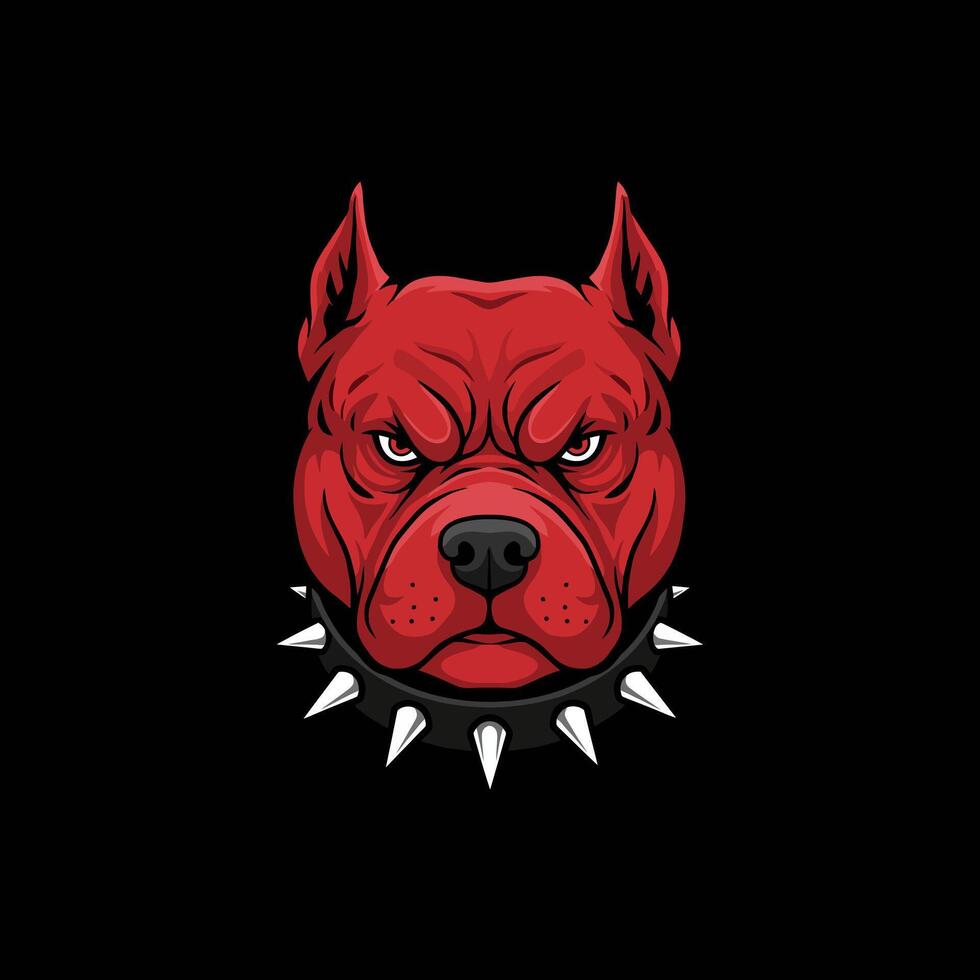 A graphic illustration depicts a red pitbulls head wearing a spiked collar set against a black background. vector