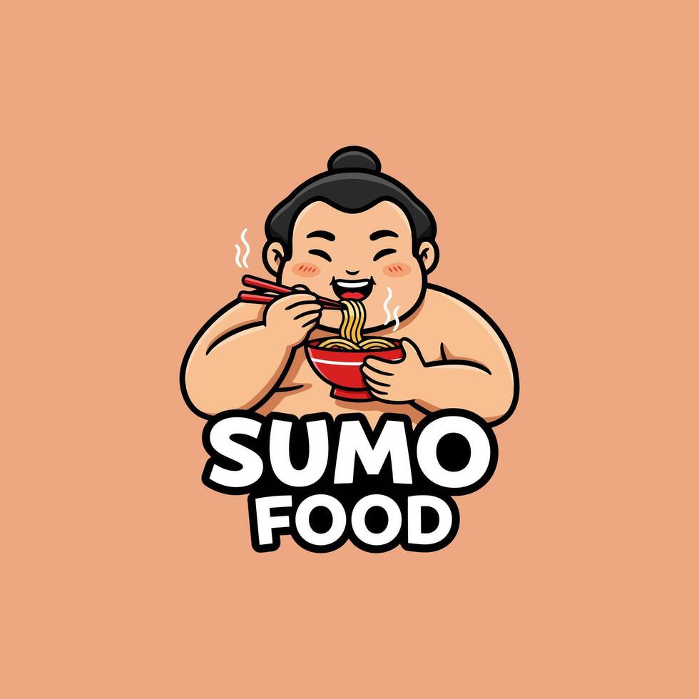 A cheerful cartoon sumo wrestler happily eating a bowl of steaming noodles with chopsticks a logo design for a food establishment. vector