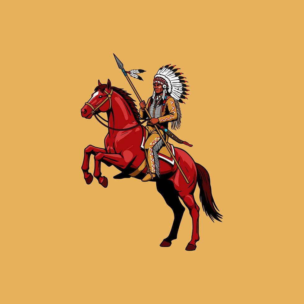 A Native American warrior, adorned in a feathered headdress, rides a rearing red horse while holding a spear. vector