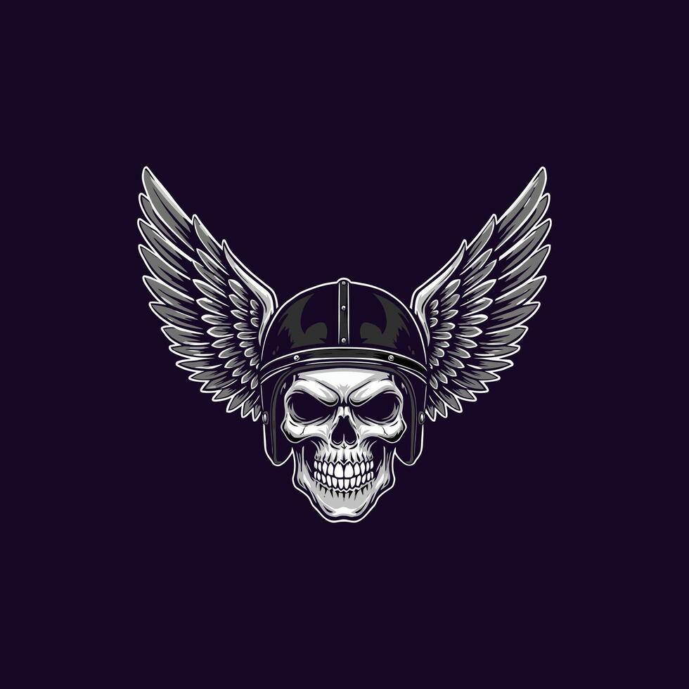 A stylized illustration of a skull wearing a motorcycle helmet and large wings. vector
