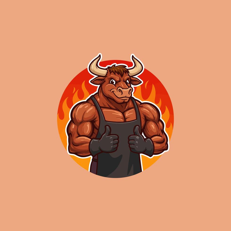 A strong, cartoon bull chef wearing an apron gives two thumbs up against a fiery background. vector