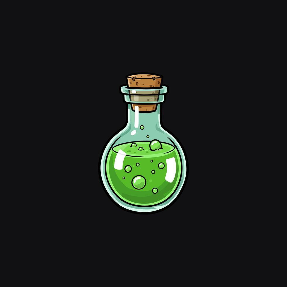 The image shows a cartoon-style illustration of a glass bottle filled with bubbling green potion. vector