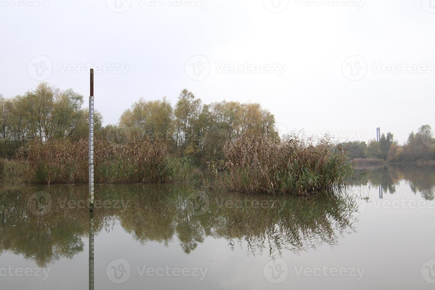 Lake in Greifswald, Mecklenburg-Vorpommern, Germany, with a leveling board to measure the water level. photo
