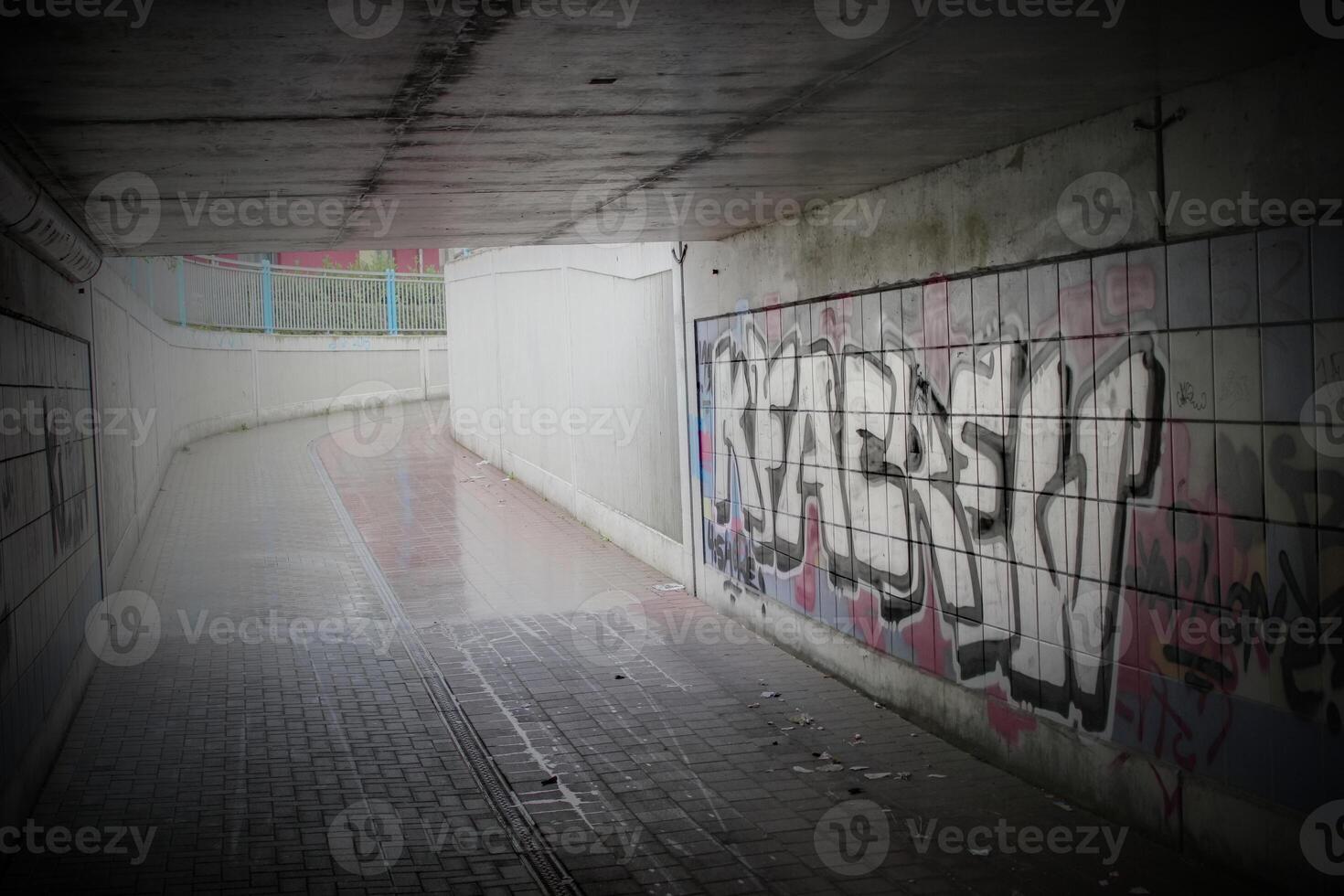 Undercrossing with graffiti and garbage under a railroad in Greifswald, Mecklenburg-Vorpommern, Germany. Image was created using a HDR imaging technique. Vignetting was added. photo