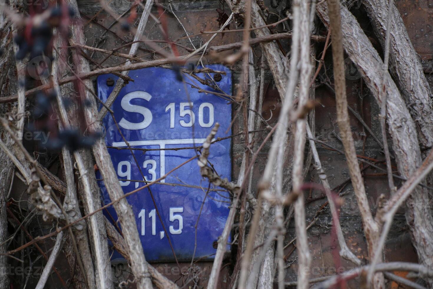 Historical gate valve sign for water supply in Germany, nearly overgrown by vines. The information on the sign give the type and position of a nearby underground gate valve. photo