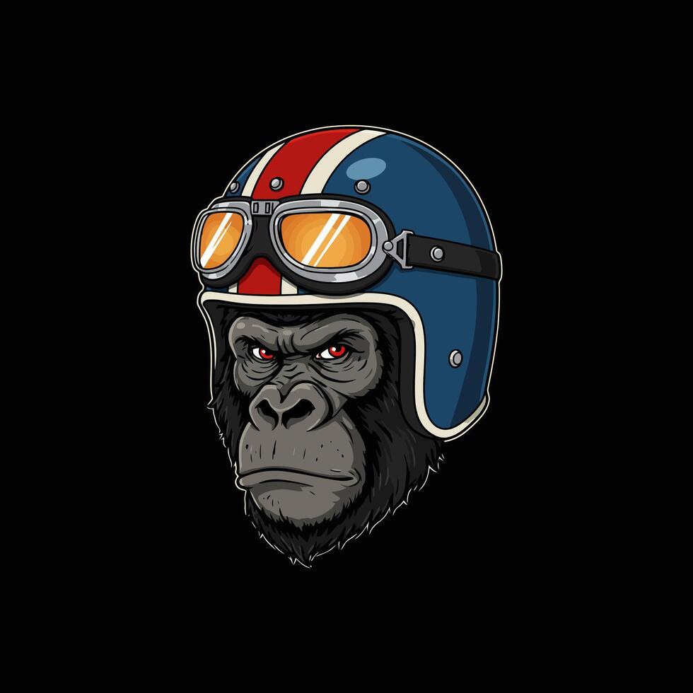 A fierce gorilla dons a retro motorcycle helmet and goggles a striking image blending animal power with vintage style. vector