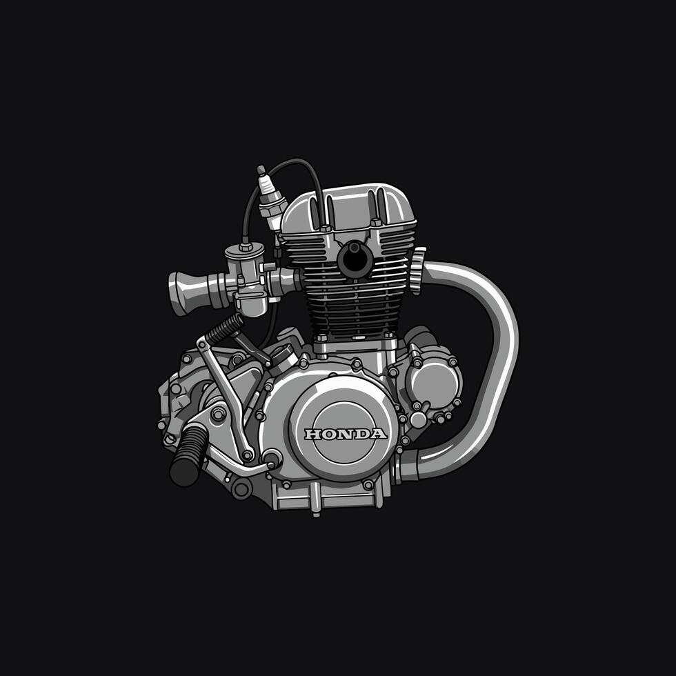 A detailed grayscale illustration showcases a Honda motorcycle engine, highlighting its intricate mechanical components. vector