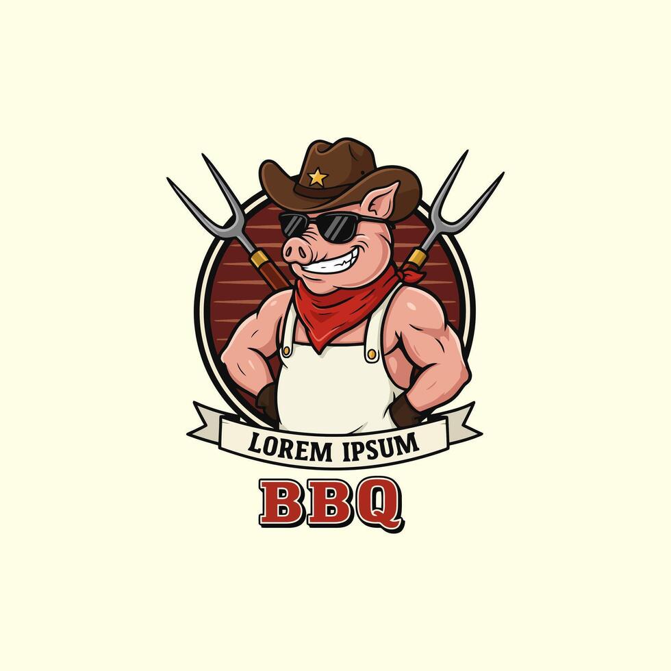 This is a logo design featuring a strong cartoon pig wearing a cowboy hat and sunglasses, ready for BBQ. vector